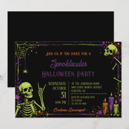 ネオン スケルトン ゴシック ハロウィン 誕生日パーティー 招待状 (正面/裏面)