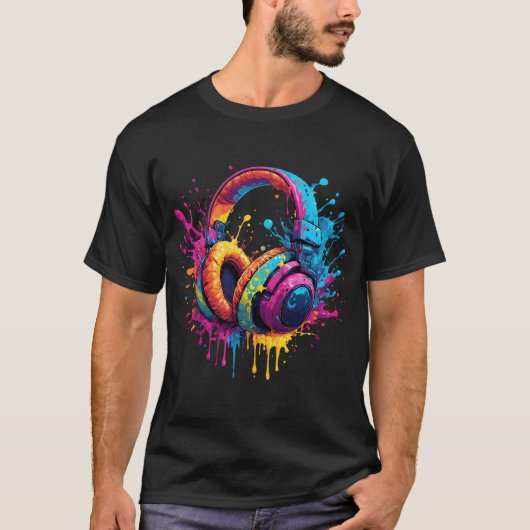 ネオン スプラッシュ ヘッドフォン アート Tシャツ (正面)