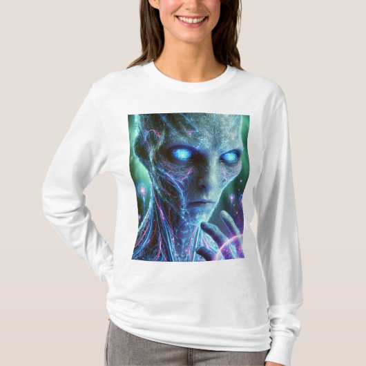 👾✨ 「ネオン・センチネル:神秘的な敵の守護者 Tシャツ (正面)