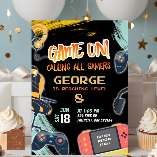 ネオン ティーンエイジャー ゲーマー ボーイ 誕生日パーティー 招待状