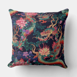 ネオン・ドラゴンと花 クッション