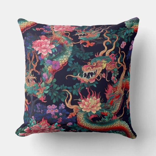 ネオン・ドラゴンと花 クッション (正面)