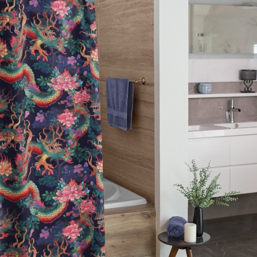 ネオン・ドラゴンと花 シャワーカーテン