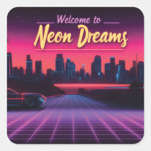 ネオン・ドリームズへようこそ – レトロウェーブシティスケープ スクエアシール