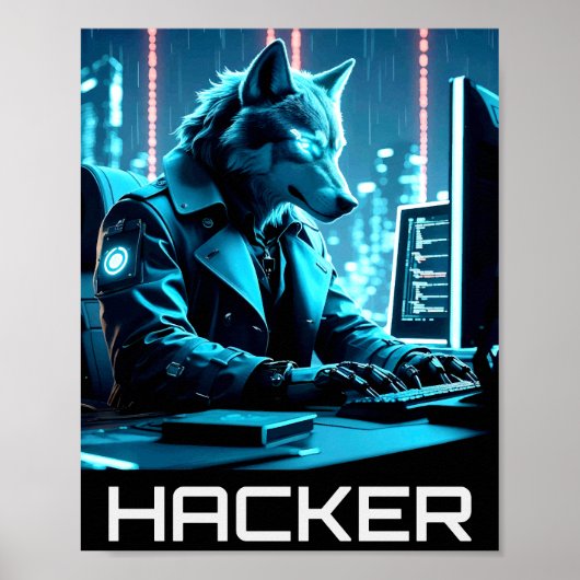 ネオン ハッカーウルフ サイバーパンク スタイル ポスター (正面)