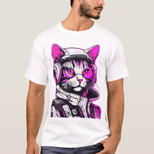ネオン・パンク猫とヘッドフォン Tシャツ (正面)