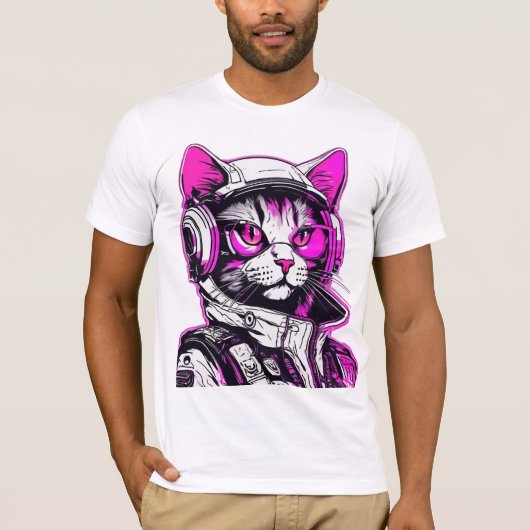ネオン・パンク猫とヘッドフォン Tシャツ (正面)