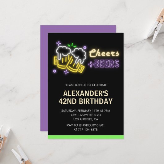 ネオン ビール 乾杯 ブラック 42歳の誕生日パーティーの招待状 招待状 (正面/裏面インサイチュ)