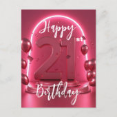 ネオン ピンク グロウイング バルーンズ コンフェッティ 21歳の誕生日 ポストカード (正面)