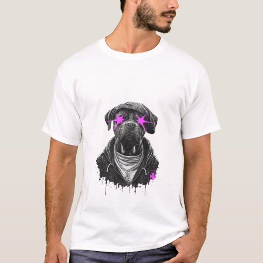ネオン+ピンク+スターの目をしたストリート系のクールな犬 Tシャツ (正面)