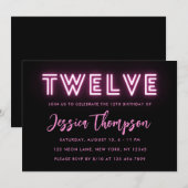 ネオン ピンク 12歳の誕生日パーティー招待状 招待状 (正面/裏面)