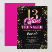 ネオン ピンク 13歳の誕生日パーティー 招待状 (正面/裏面)