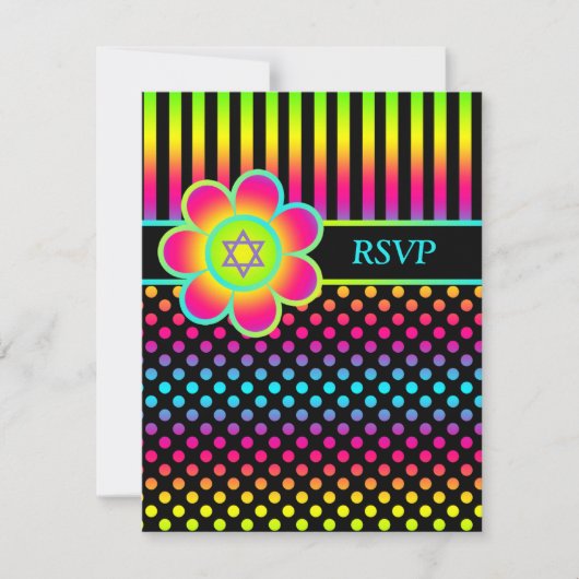ネオン フラワーのストライプと水玉模様のバット・ミツバの返信カード 招待状 (正面)