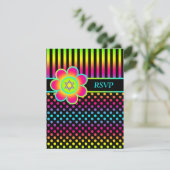 ネオン フラワーのストライプと水玉模様のバット・ミツバの返信カード 招待状 (スタンド正面)