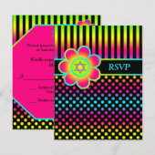 ネオン フラワーのストライプと水玉模様のバット・ミツバの返信カード 招待状 (正面/裏面)