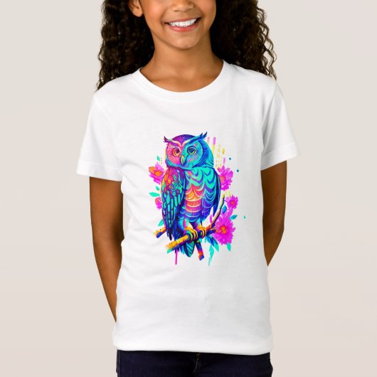 ネオン フラワー フクロウ Tシャツ (正面)