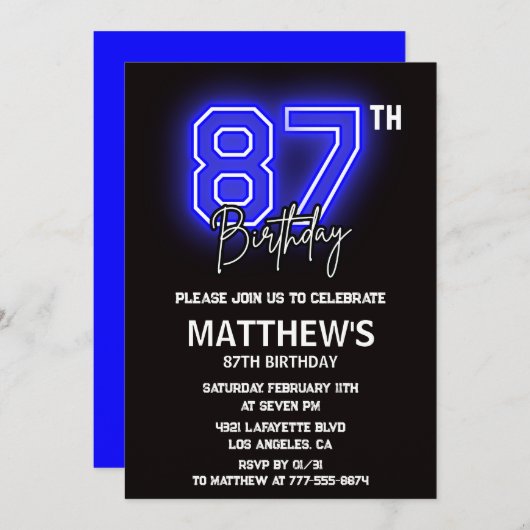 ネオン ブラック 87歳の誕生日招待状 メンズ スポーツ 招待状 (正面/裏面)
