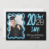 ネオン ブルー グロー クラス オブ 2025 フォト 卒業のお知らせ 招待状 (正面)