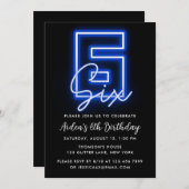ネオン ブルー 6歳の誕生日パーティー招待状 招待状 (正面/裏面)