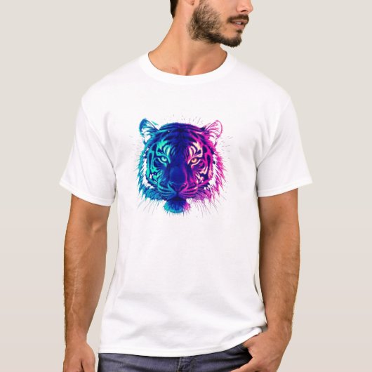 ネオン ホワイトタイガー - グローイング サイバーパンクの野生生物アート Tシャツ (正面)
