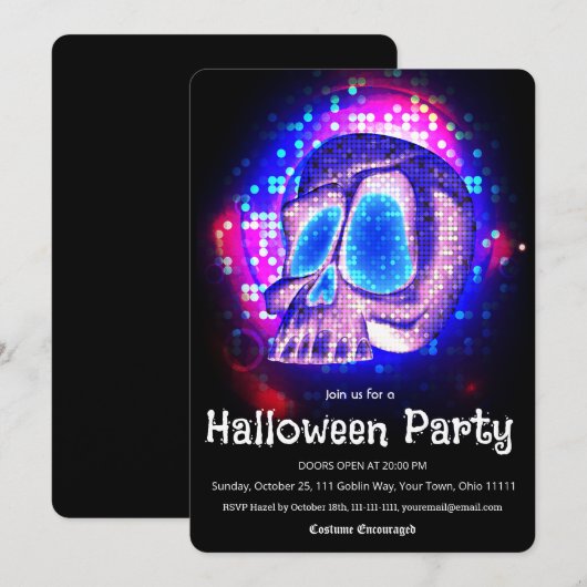 ネオン レトロ ディスコ ドクロ ハロウィンパーティー 招待状 (正面/裏面)