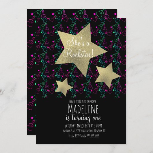 ネオン ロックスター ギター フェイク ゴールド スター 誕生日 招待状 (正面/裏面)