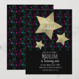 ネオン ロックスター ギター フェイク ゴールド スター 誕生日 招待状