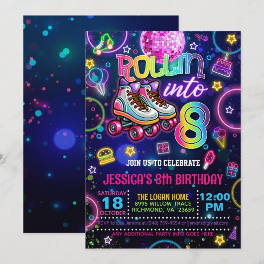 ネオン ローラー スケート 8歳の誕生日招待状 招待状 (正面/裏面)
