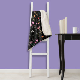 ネオン・ワイルドフラワーオンブラックモノグラムの、 シェルパブランケット