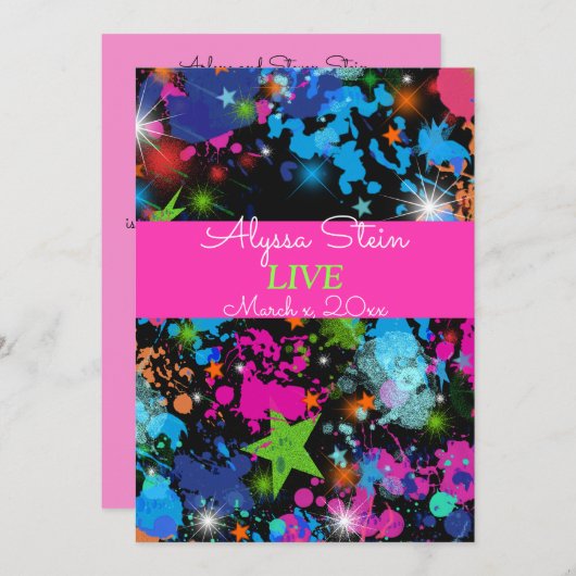 ネオン、絵を描(ばちゃばちゃ)跳ねる、バルミツワー招待状 招待状 (正面/裏面)