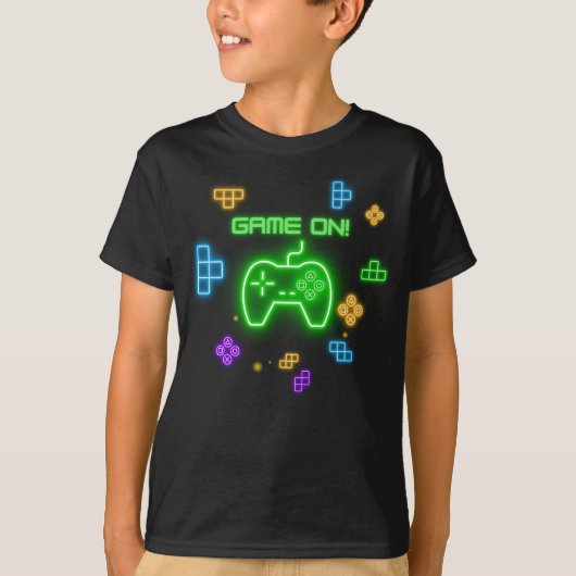 ネオン、緑、青、黄色のゲーマーTシャツでのゲーム Tシャツ (正面)