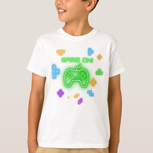 ネオン、緑、青、黄色のゲーマーTシャツでのゲーム Tシャツ (正面)