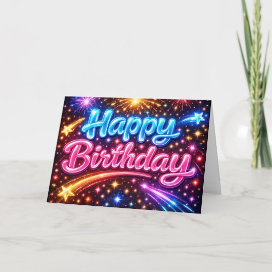 ネオン Happy Birthday 花火と星 カード (正面)
