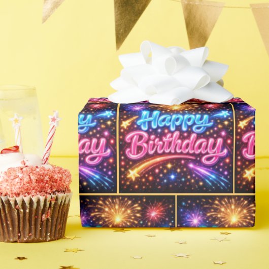 ネオン Happy Birthday 花火と星 ラッピングペーパー (誕生日パーティー)