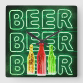 ネオンLEDビールサインエメラルドグリーン スクエア壁時計 (正面)