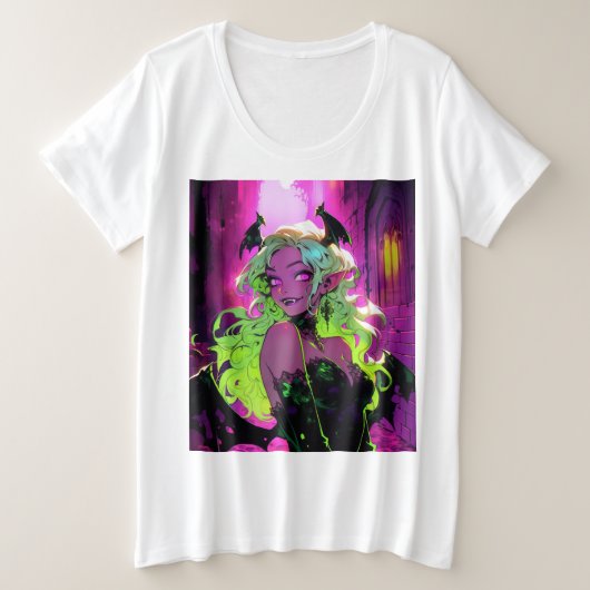 ネオンSUCCUBUSデーモンアニメガール プラスサイズTシャツ (デザイン正面)