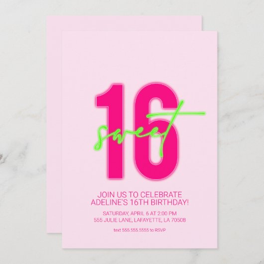 ネオンSweet sixteen誕生日パーティーへの招待 招待状 (正面/裏面)