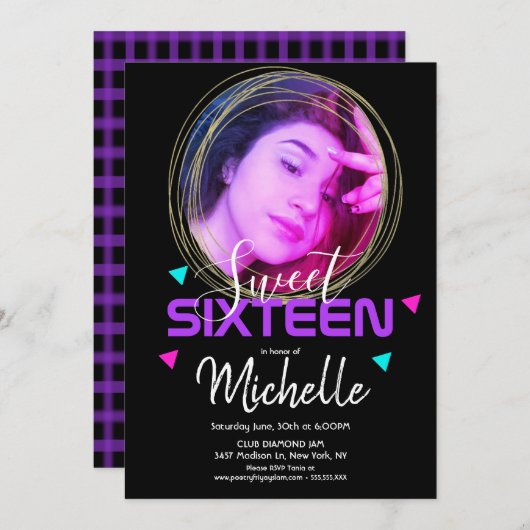 ネオンSweet sixteen金ゴールドリングや輪紙吹雪フォトグリッド 招待状 (正面/裏面)
