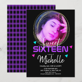 ネオンSweet sixteen金ゴールドリングや輪紙吹雪フォトグリッド 招待状