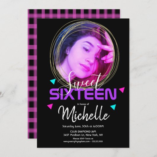 ネオンSweet sixteen金ゴールドリングや輪紙吹雪フォトグリッド 招待状 (正面/裏面)
