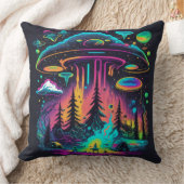 ネオンUFOとエイリアンシーンサイケデリックアート クッション (ブランケット)