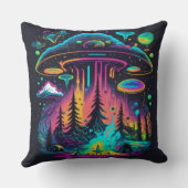 ネオンUFOとエイリアンシーンサイケデリックアート クッション (裏面)