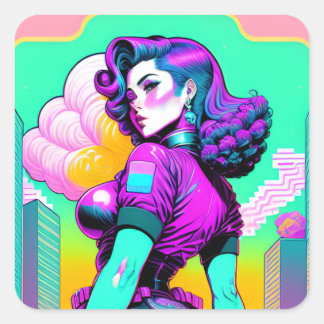 ネオンVAPORWAVEピンナップガールステッカー スクエアシール