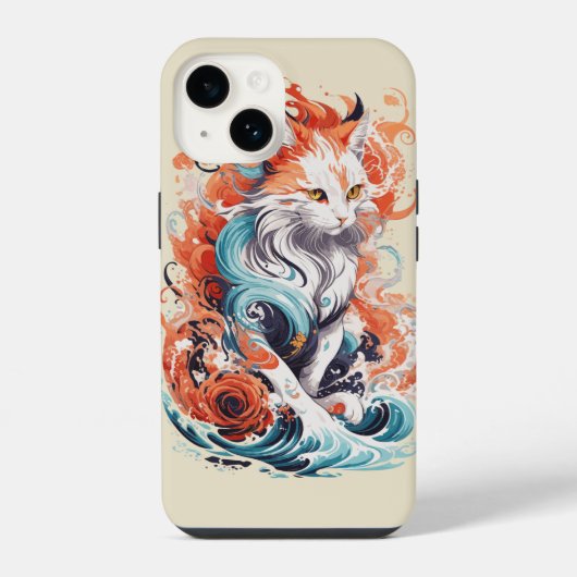 ネオ伝統スタイルのかわいい猫デザイン iPhoneケース (裏面)