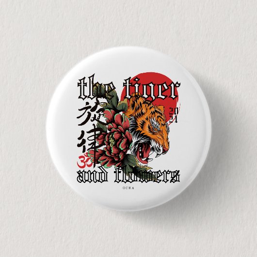 ネオ伝統的虎と花のゴシックアート 缶バッジ (正面)