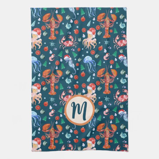 ネカスタムビーブルーロブスター甲殻類コアホリデー キッチンタオル (縦)