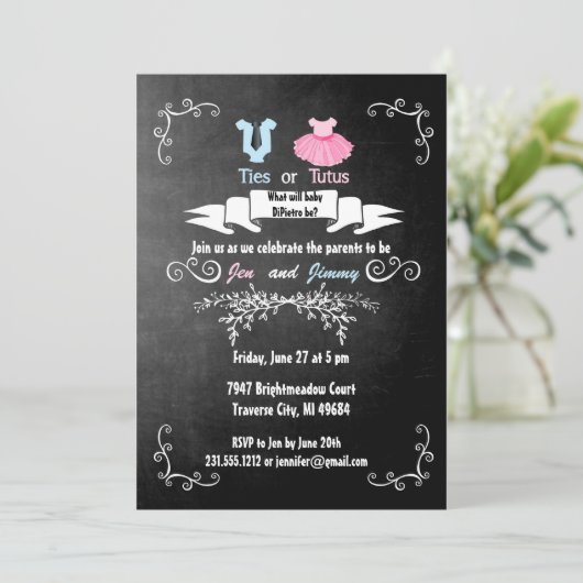 ネクタイまたはタトゥスジェンダーが招待状の赤ちゃんシャワーを明らかにする 招待状 (スタンド正面)