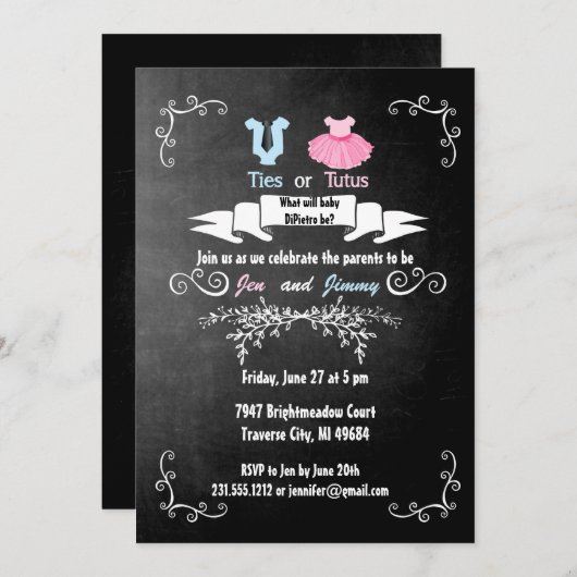 ネクタイまたはタトゥスジェンダーが招待状の赤ちゃんシャワーを明らかにする 招待状 (正面/裏面)
