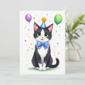 ネクタイをしたおしゃれなタキシード猫 お誕生日おめでとう カード (スタンド正面)