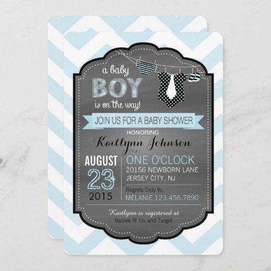 ネクタイオムツ及びブーティーベビーシャワー招待状 招待状 (正面/裏面)